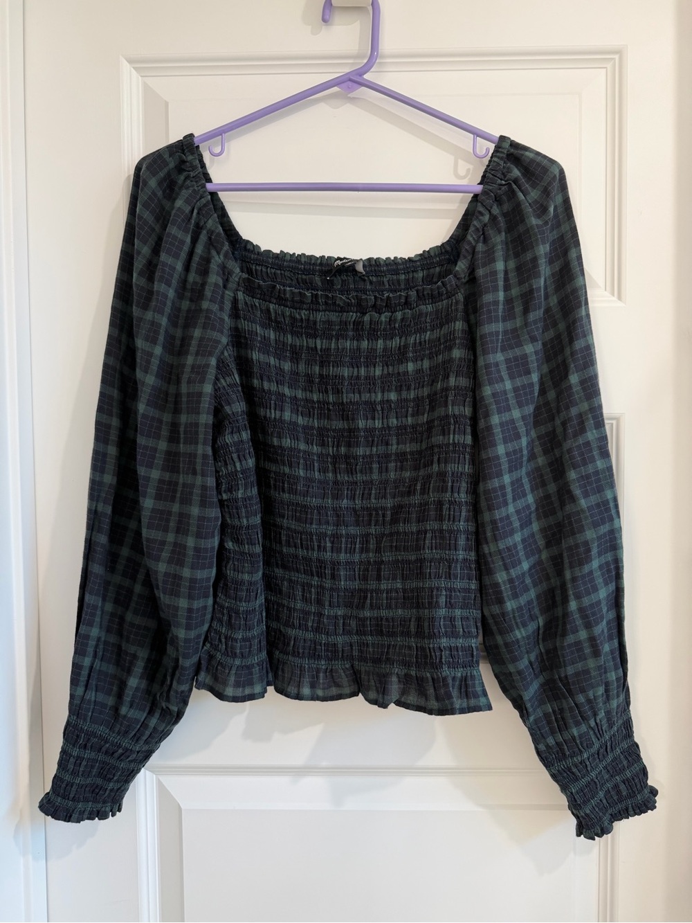Madewell Plaid Smocked Off-Shoulder Long Sleeve Top